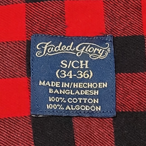 Faded Glory Unisex S/CH (34-36) Flannel Shirt Red Black Plaid Button Up - Picture 3 of 4